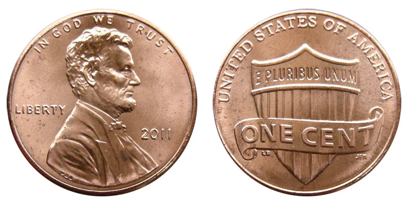 2011 Lincoln Shield penny obverse and reverse showing the Union Shield design