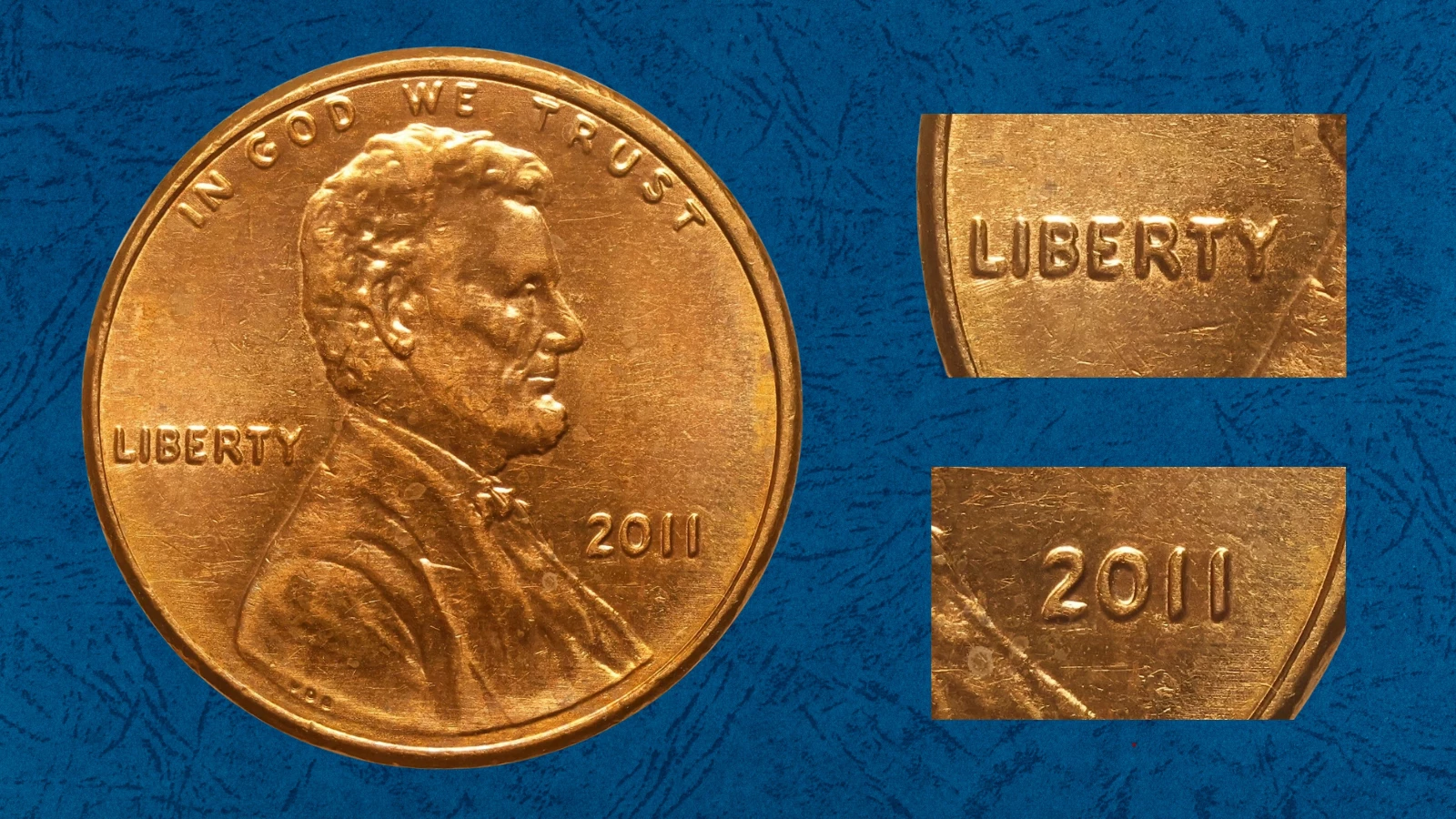 2011 penny doubled die obverse (DDO) error showing LIBERTY letter doubling under magnification